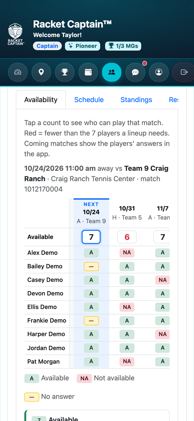 Racket Captain USTA Genie: who can play each match