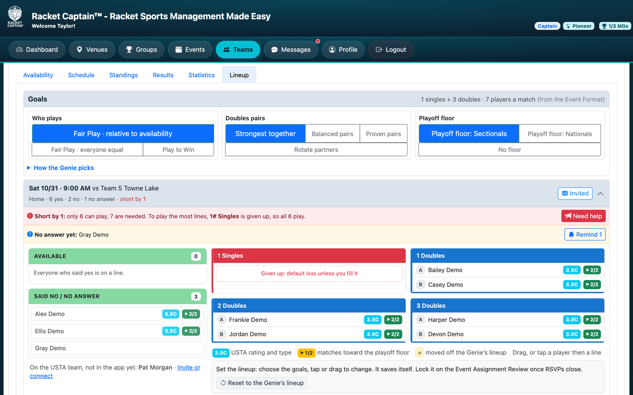 Racket Captain USTA Genie: set your goals and it recommends the lineup